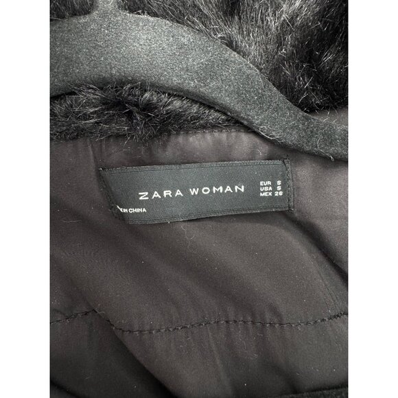 ZARA WOMAN Black Faux Fur Trimmed Winter Coat Full Zip - Picture 9 of 16